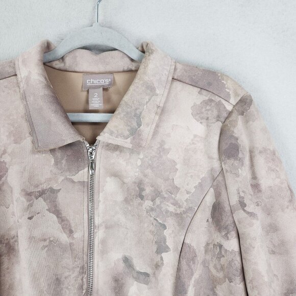 Chicos Jacket Womens 2 Cream Tan 12 Faux Suede Full Zip Lightweight Casual - Picture 2 of 12